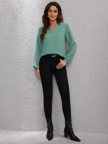 Notch Neck Solid Blouse - Green - View 5