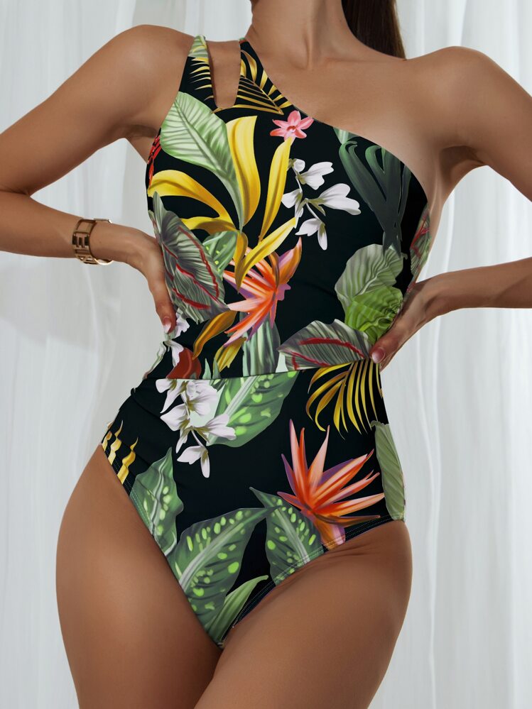 Traje de baño de una pieza con cuello asimétrico y estampado tropical, para la playa y vacaciones de verano - Negro - Añade 1