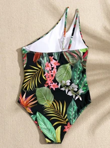 Tropical Print Asymmetrical Neck One Piece Swimsuit, For Summer Beach Vacation - Black - View 2