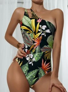 Tropical Print Asymmetrical Neck One Piece Swimsuit, For Summer Beach Vacation - Black - View 3