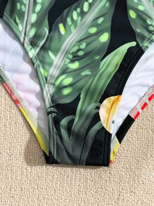 Tropical Print Asymmetrical Neck One Piece Swimsuit, For Summer Beach Vacation - Black - View 4