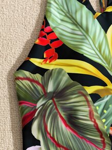 Tropical Print Asymmetrical Neck One Piece Swimsuit, For Summer Beach Vacation - Black - View 5