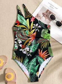 Tropical Print Asymmetrical Neck One Piece Swimsuit, For Summer Beach Vacation - Black - View 6