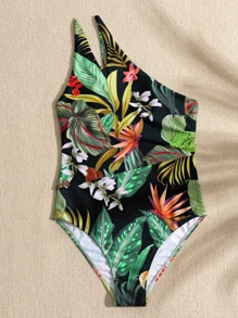 Tropical Print Asymmetrical Neck One Piece Swimsuit, For Summer Beach Vacation - Black - View 7