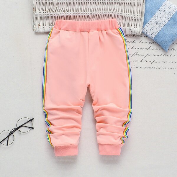 

Toddler Girls Rainbow Striped Tape Sweatpants, Coral pink