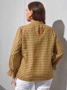 大碼雙色格子荷葉袖小高領襯衫 - 彩色 - 查看 2