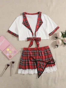 3pack Tartan Lace Trim School Girl Costume Set
