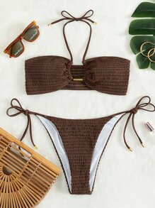Swim Basics Summer Beach Shirred Bra & Tie Side Swim Bottom Bikini Bathing Suit Brown Bikini Two Pieces Bikini Bandeau Bikini - Coffee Brown - View 2