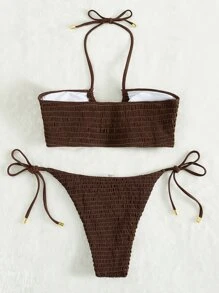 Swim Basics Summer Beach Shirred Bra & Tie Side Swim Bottom Bikini Bathing Suit Brown Bikini Two Pieces Bikini Bandeau Bikini - Coffee Brown - View 3