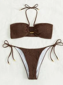 Swim Basics Summer Beach Shirred Bra & Tie Side Swim Bottom Bikini Bathing Suit Brown Bikini Two Pieces Bikini Bandeau Bikini - Coffee Brown - View 4