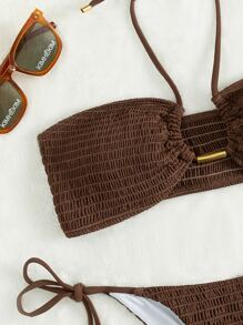 Swim Basics Summer Beach Shirred Bra & Tie Side Swim Bottom Bikini Bathing Suit Brown Bikini Two Pieces Bikini Bandeau Bikini - Coffee Brown - View 6