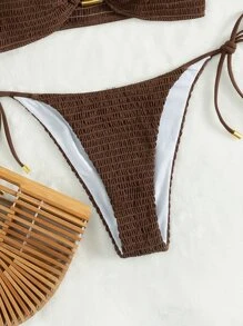 Swim Basics Summer Beach Shirred Bra & Tie Side Swim Bottom Bikini Bathing Suit Brown Bikini Two Pieces Bikini Bandeau Bikini - Coffee Brown - View 5