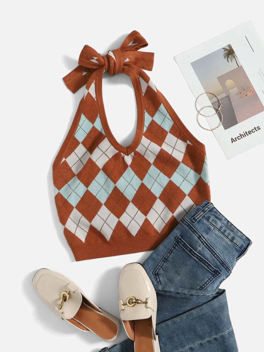 SHEIN EZwear 菱形印花吊脖針織上衣 - 彩色 - 查看 1