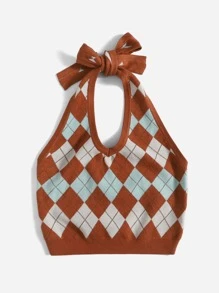 SHEIN EZwear 菱形印花吊脖針織上衣 - 彩色 - 查看 3