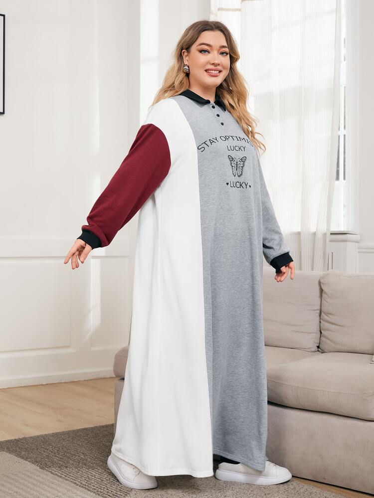 SHEIN 大碼1入組標語和蝴蝶圖案撞色落肩袖衛衣連衣裙 - 彩色 - 查看 1
