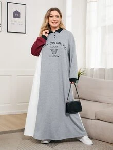 SHEIN Plus 1pc Slogan & Butterfly Print Colorblock Drop Shoulder Sweatshirt Dress - Multicolor - View 3