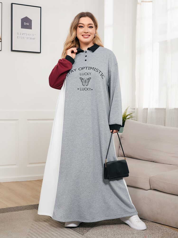 SHEIN 大碼1入組標語和蝴蝶圖案撞色落肩袖衛衣連衣裙 - 彩色 - 查看 3