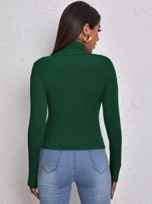 RueChic 女士高领修身绿色弹性长袖高领 T 恤 - 墨綠色 - 查看 2