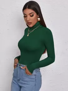 RueChic 女士高领修身绿色弹性长袖高领 T 恤 - 墨綠色 - 查看 3
