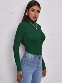 RueChic 女士高领修身绿色弹性长袖高领 T 恤 - 墨綠色 - 查看 4
