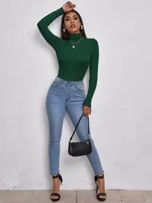 RueChic 女士高领修身绿色弹性长袖高领 T 恤 - 墨綠色 - 查看 6