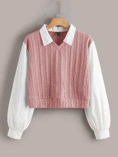 SHEIN EZwear Contrast Collar Puff Sleeves Cable Knit 2 In 1 Crop Women Blouse,Ladies Casual Regular Sleeve Fit Pink Colorblock Tops,Fall/Winter,Casual Daily Wear, Rp163.700
