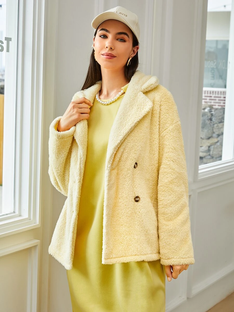 SHEIN 落肩袖雙排釦外套 - 黃色 - 查看 1