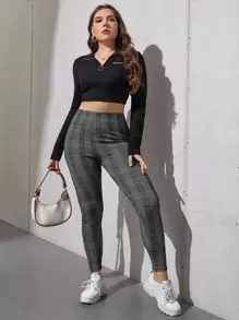 SHEIN Essnce Plus Plaid Print Leggings - Grey - View 3