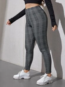 SHEIN Essnce Plus Plaid Print Leggings - Grey - View 4