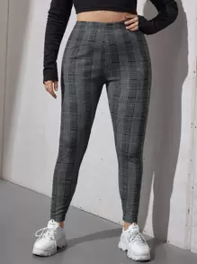 SHEIN Essnce Plus Plaid Print Leggings - Grey - View 5