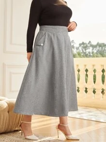 SHEIN Privé Plus High Waist Button Detail A-line Skirt - Grey - View 2