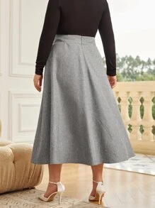 SHEIN Privé Plus High Waist Button Detail A-line Skirt - Grey - View 3