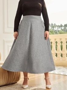 SHEIN Privé Plus High Waist Button Detail A-line Skirt - Grey - View 5
