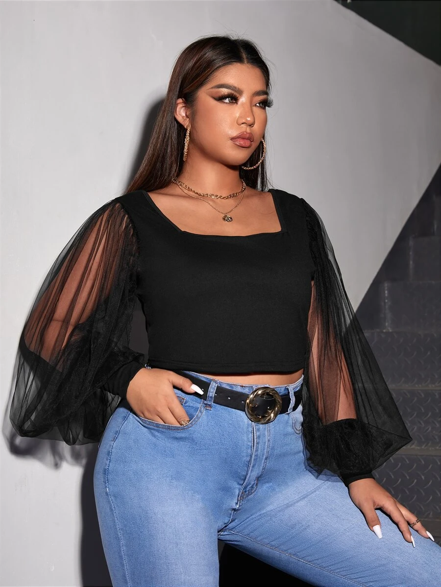 SHEIN Clasi áo nữ kích thước lớn Tương phản Mesh màu trơn Thanh lịch - màu đen - Xem 1