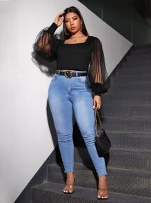 SHEIN Clasi áo nữ kích thước lớn Tương phản Mesh màu trơn Thanh lịch - màu đen - Xem 3