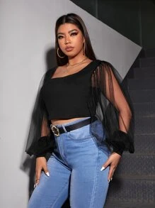 SHEIN Clasi áo nữ kích thước lớn Tương phản Mesh màu trơn Thanh lịch - màu đen - Xem 5