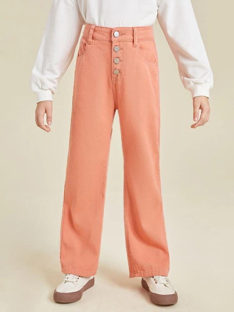 Niñas Jeans de talle alto de pierna recta con botón - Naranja - Ver 1