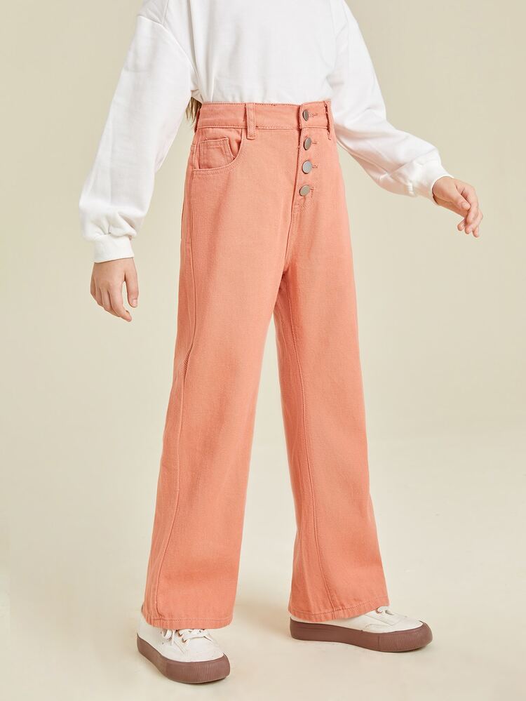 Niñas Jeans de talle alto de pierna recta con botón - Naranja - Ver 3