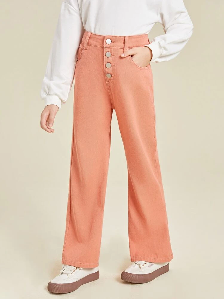 Niñas Jeans de talle alto de pierna recta con botón - Naranja - Ver 4