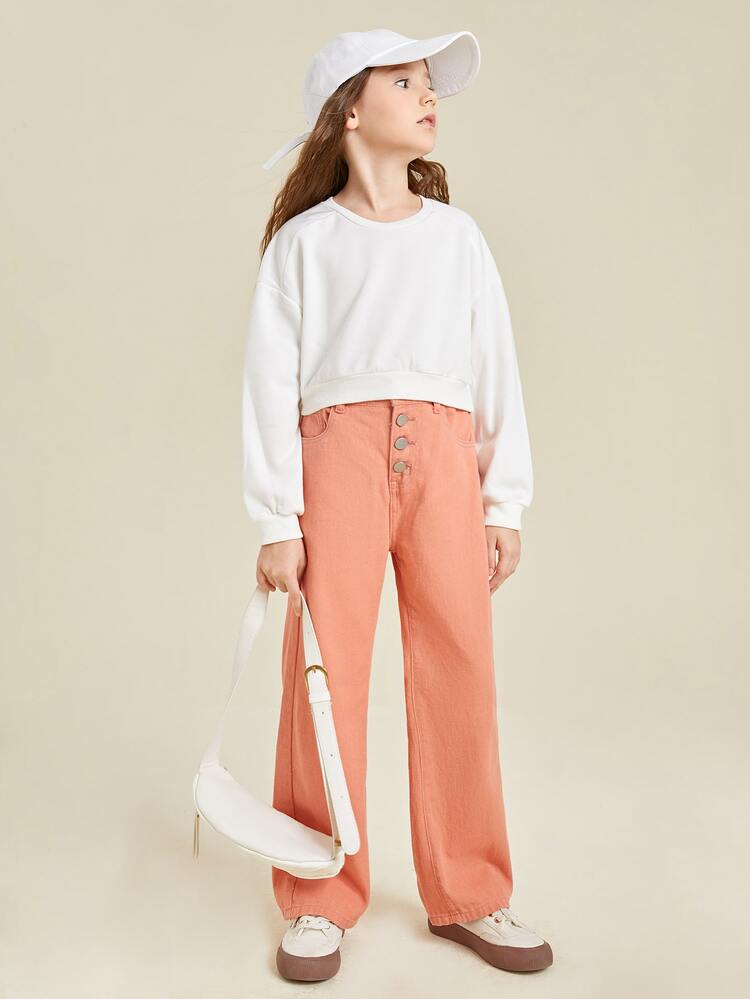 Niñas Jeans de talle alto de pierna recta con botón - Naranja - Ver 5
