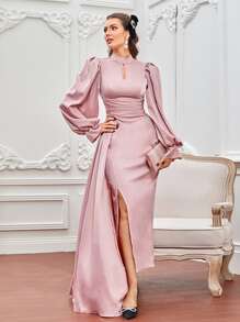 Modelyn Keyhole Neckline Flounce Sleeve Side Draped Split Thigh Ruched Satin Prom Dress - Dusty Pink - View 1