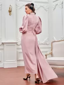 Modelyn Keyhole Neckline Flounce Sleeve Side Draped Split Thigh Ruched Satin Prom Dress - Dusty Pink - View 2