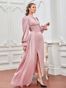 Modelyn Keyhole Neckline Flounce Sleeve Side Draped Split Thigh Ruched Satin Prom Dress - Dusty Pink - View 4