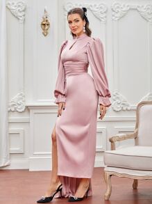 Modelyn Keyhole Neckline Flounce Sleeve Side Draped Split Thigh Ruched Satin Prom Dress - Dusty Pink - View 5