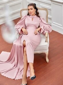 Modelyn Keyhole Neckline Flounce Sleeve Side Draped Split Thigh Ruched Satin Prom Dress - Dusty Pink - View 6