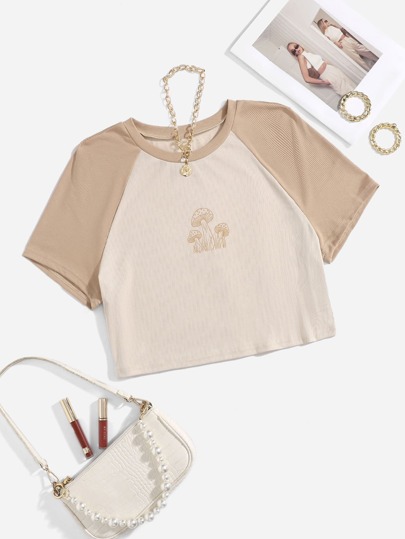 مقاس كبير تي شيرت بطباعة فطر ألوان متجانسة اكمام راجلان