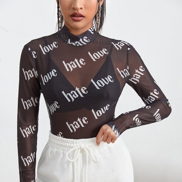 

Mock Neck Letter Print Mesh Top Without Bra, Black
