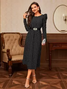 Modelyn Đầm Tương phản lông thú giả Chấm bi Thanh lịch - màu đen - Xem 1