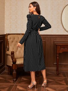 Modelyn Đầm Tương phản lông thú giả Chấm bi Thanh lịch - màu đen - Xem 2