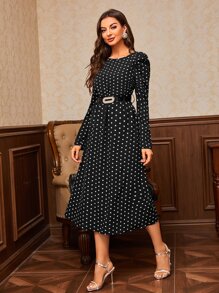 Modelyn Đầm Tương phản lông thú giả Chấm bi Thanh lịch - màu đen - Xem 3